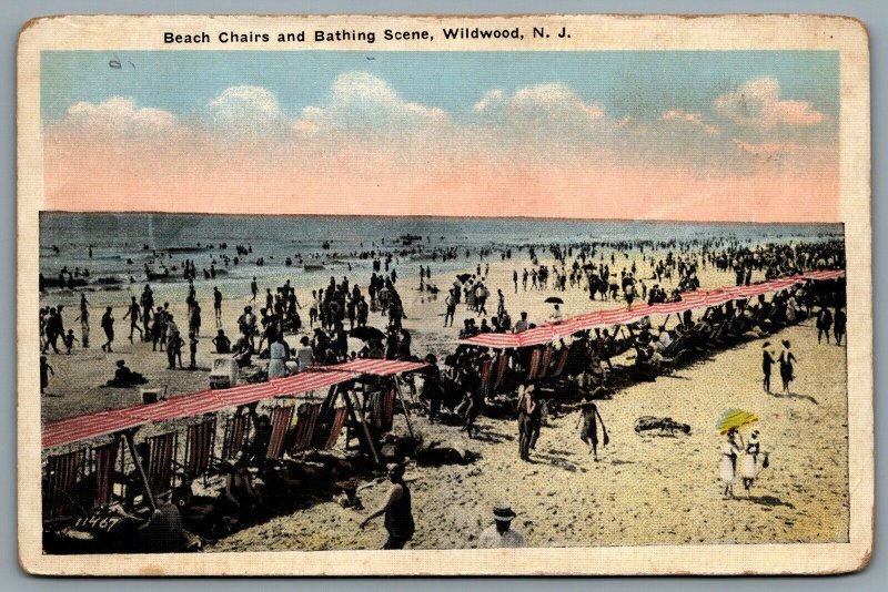 Postcard Wildwood NJ c1920s Beach Chairs & Bathing Scene Bathers Cape May County