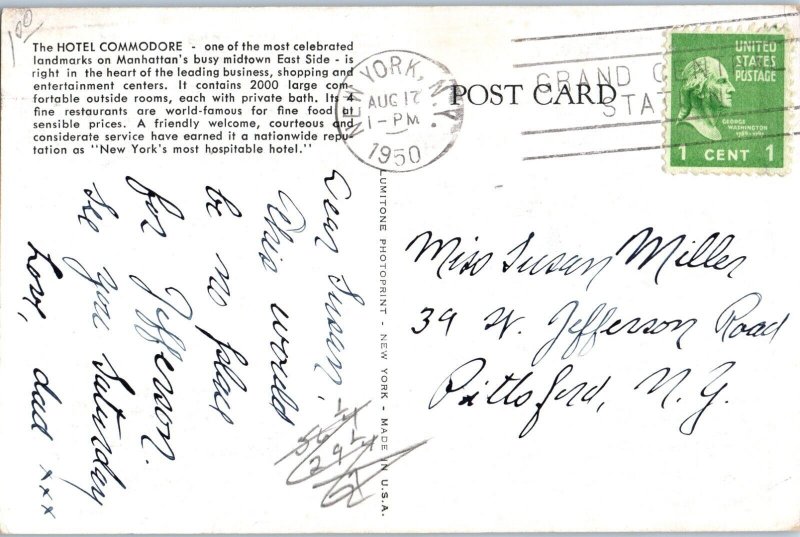 Hotel Commodore Manhattan New York Postcard 1950