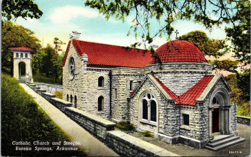 Catholic Church Steeple Eureka Springs Arkansas AR Postcard VTG UNP Curteich 