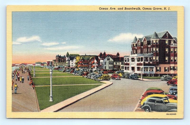 Postcard NJ Ocean Grove Ocean Avenue & Boardwalk View Vintage Linen I3