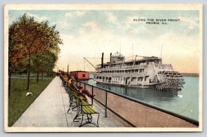 Ship~Peoria Illinois~River Front~Man On Bench~Sternwheeler Columbia~1920s PC