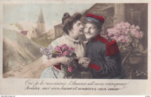 RP; Woman about to kiss her soldier, holding bouquet of flowers, 1910-20s