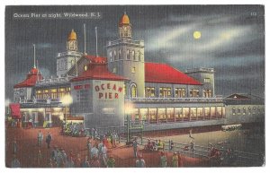 Ocean Pier at Night, Wildwood, New Jersey Tichnor Linen Postcard, Mailed 1939