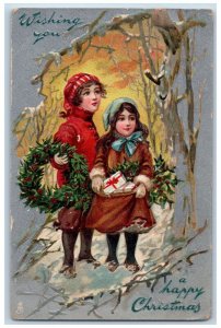 Christmas Postcard Children With Holly Berries And Gift Tuck Pittsburg PA 1908