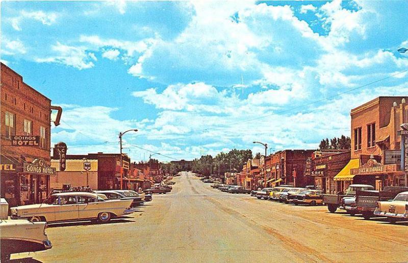 Gillette WY Business Section Storefronts Old Cars Fiesta Theatre Postcard