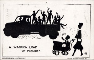 Camp Silhouette A Waggon Load of Mischief Soldiers Woman Patriotic Postcard H50