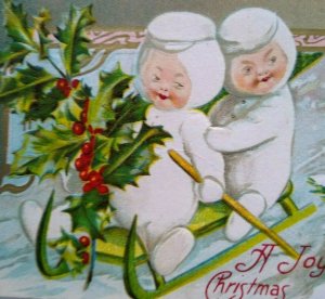 Christmas Postcard Snowman Snow Women On Sled Exotic Bird John Winsch Back
