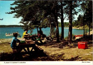Ontario, Canada  SHARBOT LAKE Greetings FAMILY PICNIC & BOATING   4X6 Postcard