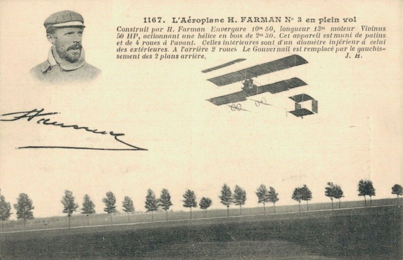 Aviaton L´Aeroplane H. Farman N3 en plein Vol Antique Airplane Postcard 03.75