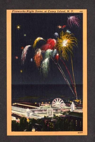 NY Coney Island Amusement Park Fireworks Fun Pavilion New York Postcard Linen
