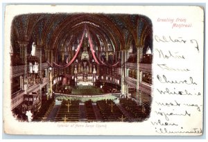 c1905 Interior of Notre Dame Church Greeting from Montreal Canada Postcard