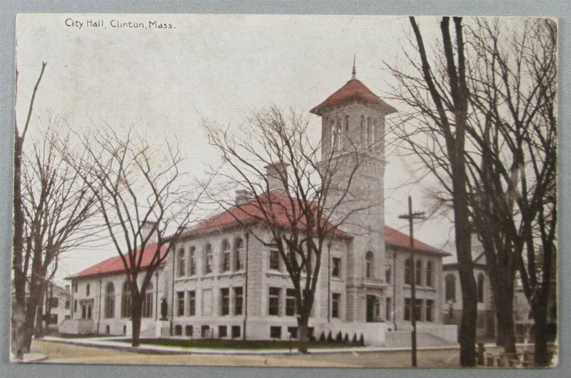 City Hall, Clinton MA 1913 Postcard (#7210)