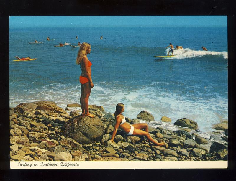 Malibu, California/CA Postcard, Surfers, Girls In Bikinis, Near Mint!