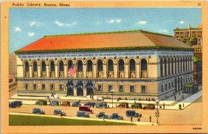 Public Library Boston Mass Linen Postcard Old Car Italian Postcard Unposted Vtg 