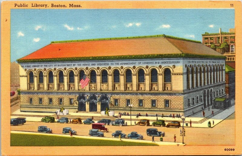 Public Library Boston Mass Linen Postcard Old Car Italian Postcard Unposted Vtg 