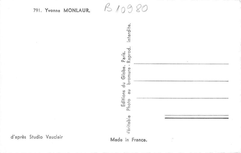 B10980 Actors Acteurs Cinema Film Yvonne Monlaur