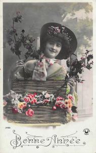 EARLY 1900'S COLOR TINTED LADY IN GREEN DRESS FRANCE RPPC REAL PHOTO POSTCARD