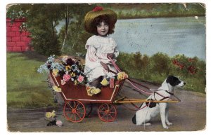 Vintage Greeting, Child in Dog Cart, Used  Split Ring Cance 1908 Nova Scotia