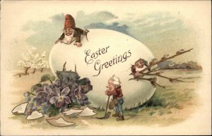 Easter Fantasy Gnomes Elves Make Home Giant Egg c1910 Embossed Postcard