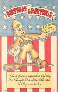 Linen WWII Soldier Postcard Birthday Greetings American Flag AC27