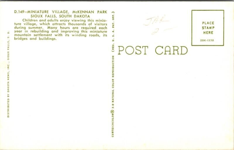 Miniature Village McKennan Park Sioux Falls South Dakota SD Postcard VTG UNP
