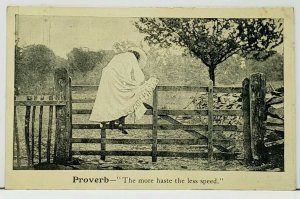 Proverb The More Haste the Less Speed, Woman Climbing Fence 1907 Postcard I13