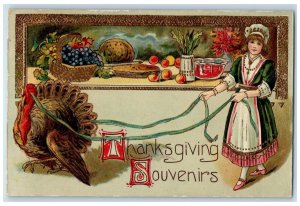 1911 Thanksgiving Souvenirs Woman Turkey Fruits Embossed Gel Gold Gilt Postcard 