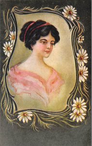 Woman with dark brunette hair and flowers Artist C. Ryan Glamour Woman Unused 