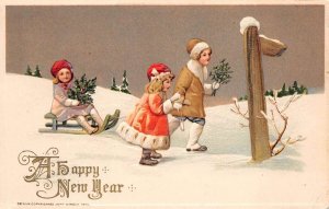 Happy New Year Children Sledding, Holly & Mistletoe Winsch Vintage PC U4841