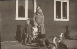 Slice of Life Europe Mother Children & Ducks Amateur Real Photo Postcard