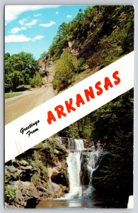 Arkansas~Banner Greetings~Highway To State Parks~Waterfalls~Vintage Postcard