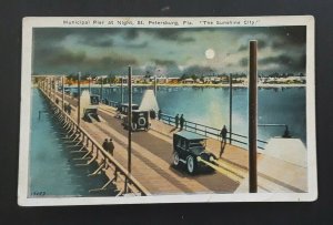 Mint Vintage 1920s St Petersburg FL Municipal Pier At Night Old Cars Postcard