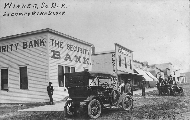 Winner SD Security Bank Block Dirt Street Old Cars Storefronts RPPC