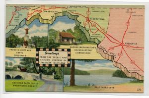 Greetings From Western Maryland Map Frederick Hagerstown 1940s postcard