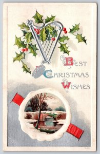Holiday~Christmas~silver Harp~Holly Berries~Snowy Bridge Inset~PM 1909 Postcard