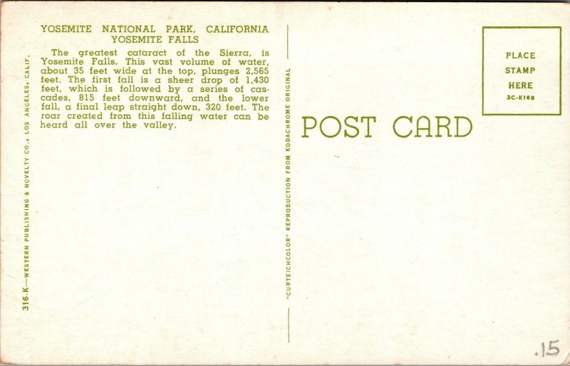Vtg 1950s Yosemite Falls Yosemite National Park California CA Unused Postcard