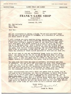 1941 Rochester  New York   Frank's Game Shop  Pitch-Till-You-Win Game Document
