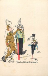 Little cadet on leave comic caricature military uniform artist postcard Hungary