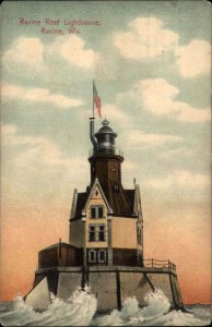 Racine Wisconsin WI Reef Lighthouse c1910 Vintage Postcard