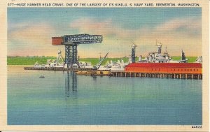 Bremerton WA US Navy Yard, Hammer Head Crane, Ship, Washington Linen 1935-45