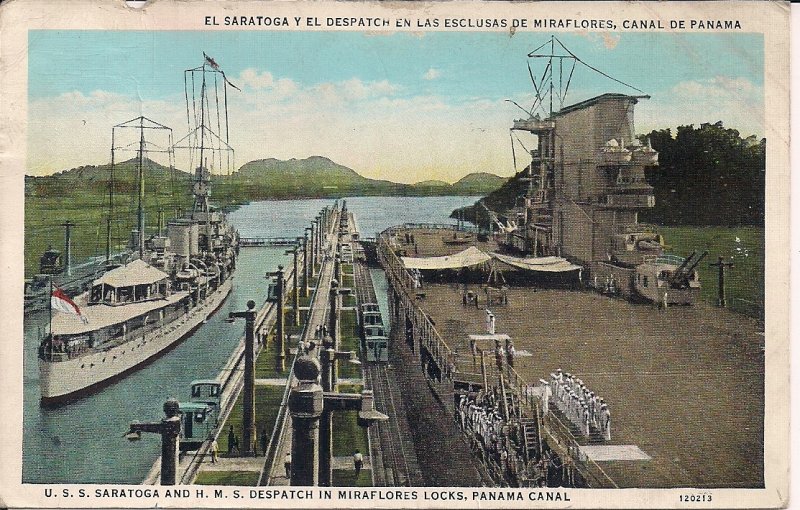 USS Saratoga, US Navy Aircraft Carrier, 1938, HMS Despatch, Panama Canal Locks