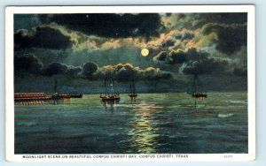 CORPUS CHRISTI, TX Texas ~ MOONLIGHT on the BAY- BOATS  c1930s Curteich Postcard