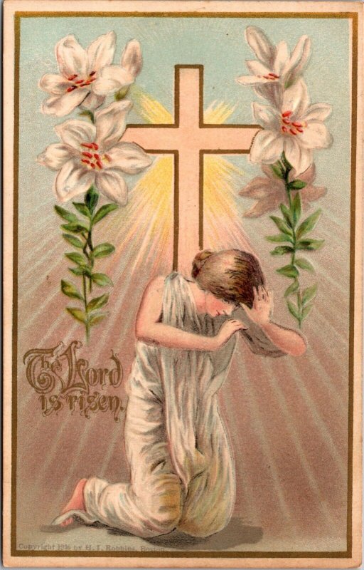 Postcard The Lord Has Risen Easter Lily Cross Woman Kneeling~138703 