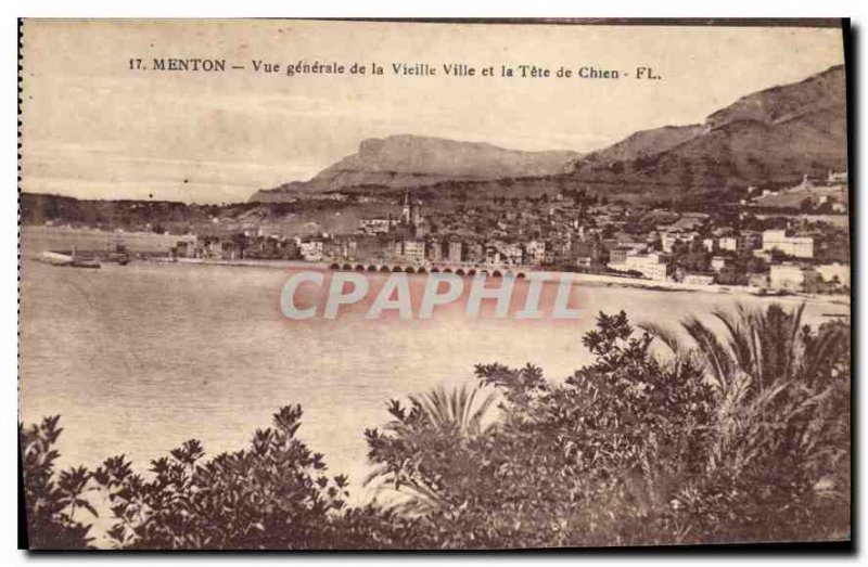 Old Postcard Menton general view of the Old City and the Dog Tete