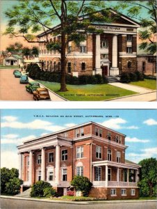 2~ca1940's Postcards Hattiesburg, MS Mississippi  MASONIC TEMPLE & YMCA BUILDING