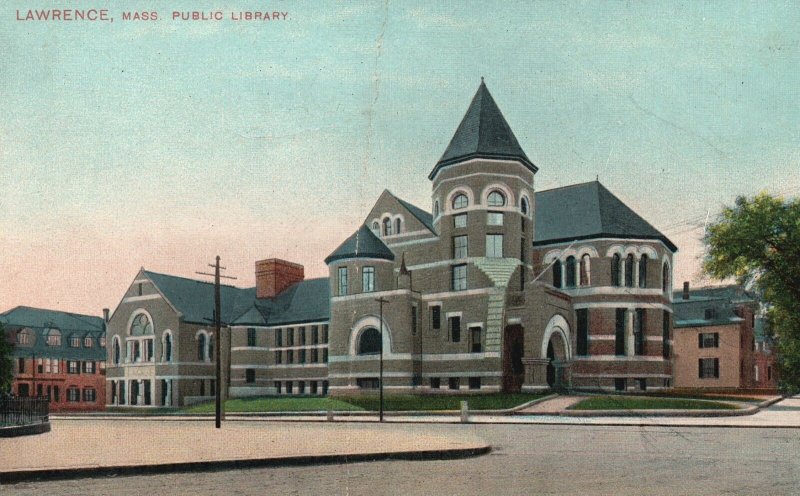 Vintage Postcard Public Library Building Landmark Lawrence Massachusetts MA