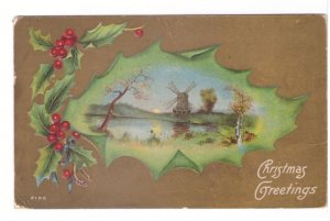 Christmas Greetings, Dutch Scene With Windmill On Holly, Antique 1910 Postcard