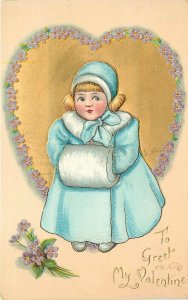 Embossed Valentine Postcard Tuck Dainty Dimples 3 Blonde Girl in Blue, Fur Muff