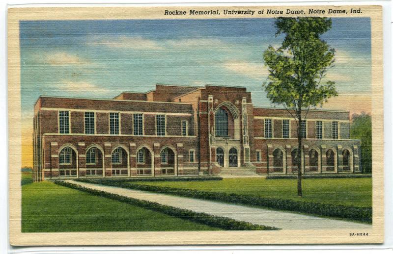 Rockne Memorial University Notre Dame Indiana linen postcard