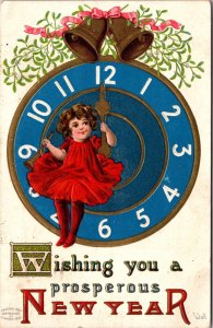New Year Postcard Little Girl Sitting on Clock Hands Gold Bells Mistletoe Horn